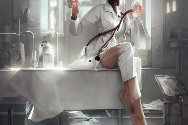 Image similar to a poster of emergency room, an elegant and beautiful female doctor in a white coat, cinematic, highly detailed, digital painting, artstation, concept art, matte, sharp focus, illustration, industrial light, art by artgerm and greg rutkowski