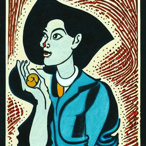 Prompt: A drawing. A rip in spacetime. Did this device in her hand open a portal to another dimension or reality?! damascening inlay by Francis Picabia, by Art Spiegelman natural, muted