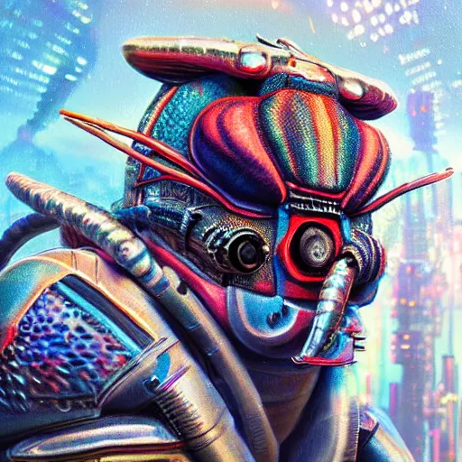 Prompt: ultra realist and ultra intricate detailed soft painting of a sci fi mantis shrimp, from the waist up, sci-fi helmet, symmetry features, sensual gloomy style, volumetric clouds, cyberpunk burning building background, artstation, unreal render, depth of field