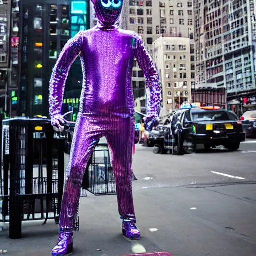 Image similar to nyc street photo, a futuristic android with limbs made out of stretchy rubber tubing mixed with shiny colorful giant intricate detailed chrome gauntlets and chest piece and discoball mask, wearing a long purple velvet cape, talking on a payphone, fog and mist