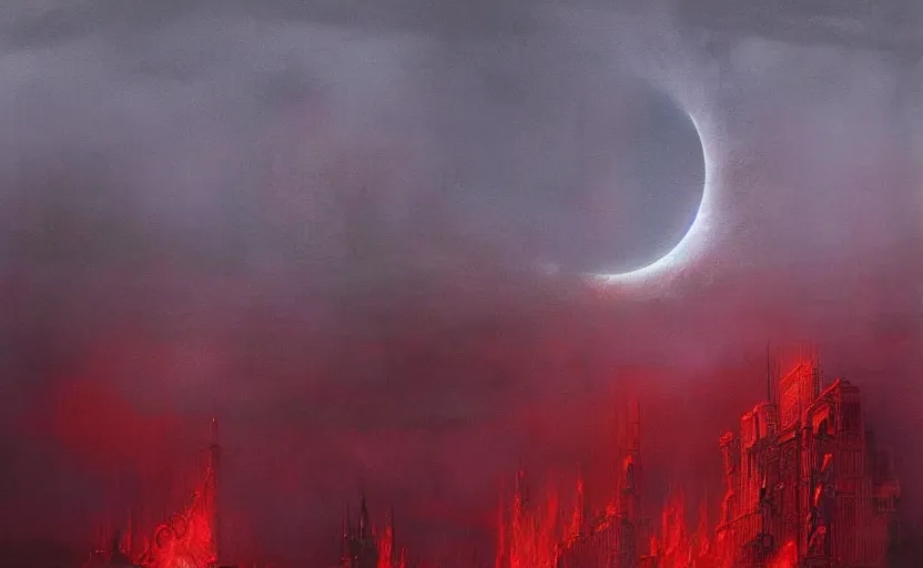 Image similar to an digital art of fire red alert storm that destroys dark souls like new york city with eclipse in style of zdislaw beksinski