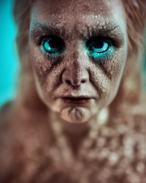 Prompt: detailed eyes, face of an underwater human descendant fishwoman, darkness, macro lens, very deep sea, mariana trench, dark, hd, dagon, fishpeople