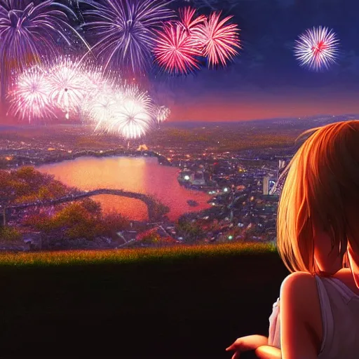 Image similar to girl watching watching fireworks on a hill, digital art, by range murata, akiyuki shinbou, yoshitaka amano highly detailed, realistic, cinematic, bold colours, photorealism, 4 k, wide angle lens