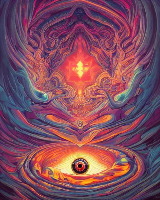 Prompt: masonic eye, artificial consciousness, delirium, chaotic storm of twisting liquid smoke, by james jean, dan mumford, liam brazier, peter mohrbacher, anato finnstark, swirling fluid smokey enigma, radiant light