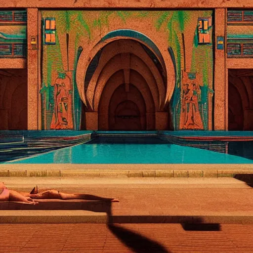 Image similar to a pool and ancient egyptian structure, epic retrowave art, trending on art station