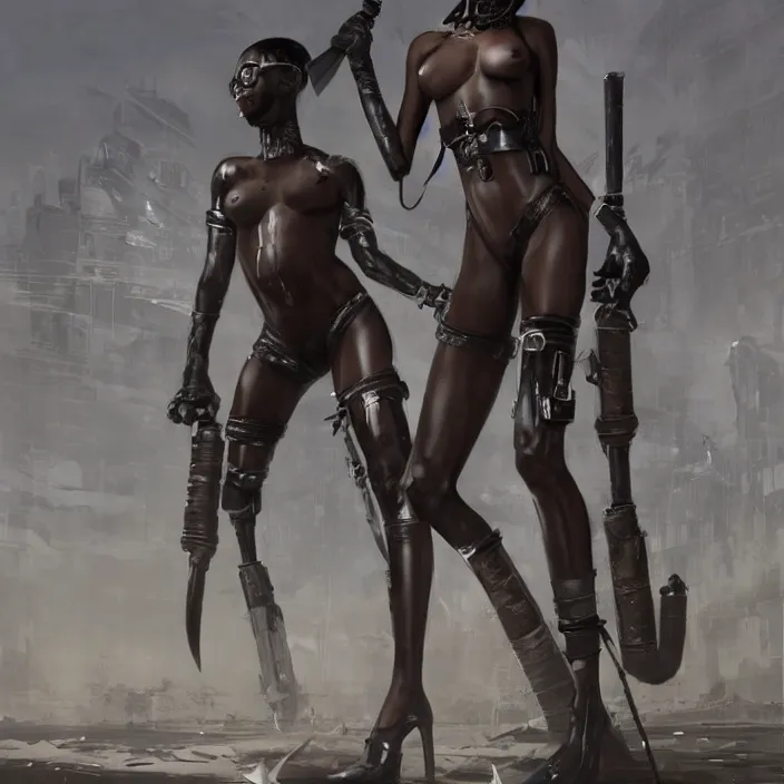 Prompt: african domme mistress, full body, petite, ebony skin, rubber and latex, postapocalyptic, slaves, smooth white surroundings, smooth, high tech, concept art, realistic painting, digital art by greg rutkowski, by junji ito