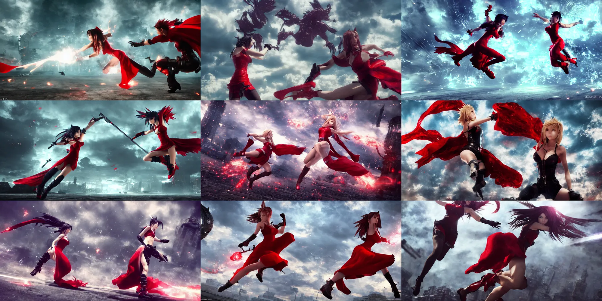 Prompt: epic scene of most gorgeous final fantasy 7 character hyper detail in amazing red dress, fighting catwoman in a tank top, hyper realistic 3 d render, art station, particles, epic scene, mucha, tifa, clouds, jump pose, blur focus, action,