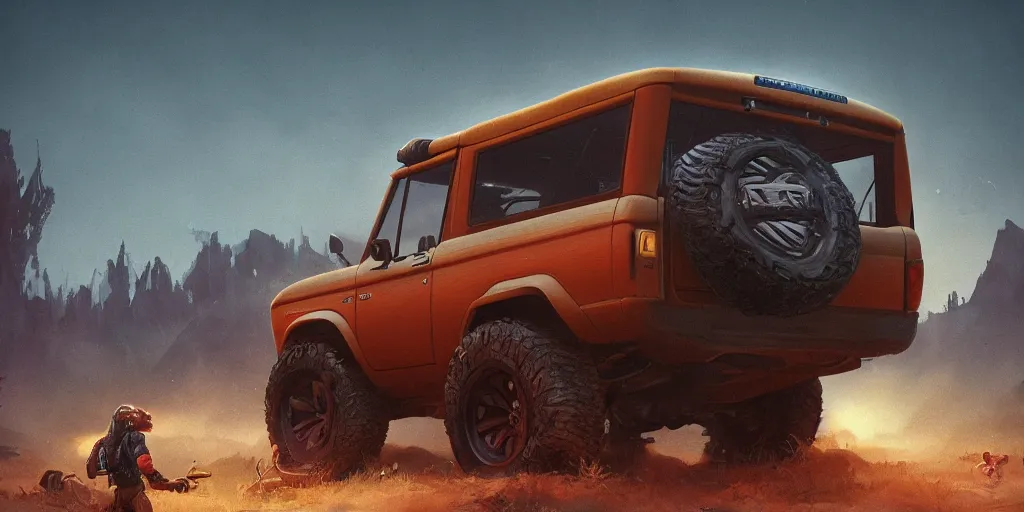 Image similar to ford bronco, an epic fantasy, dramatic lighting, cinematic, establishing shot, extremely high detail, photorealistic, cinematic lighting, artstation, by simon stalenhag, horizon forbidden west