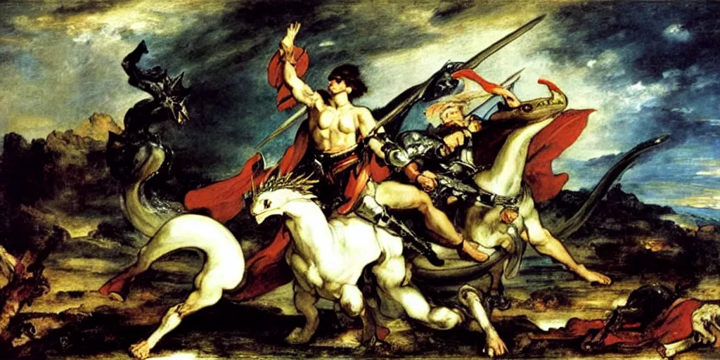 Image similar to knight fighting large white dragon, art by eugene delacroix, raphael