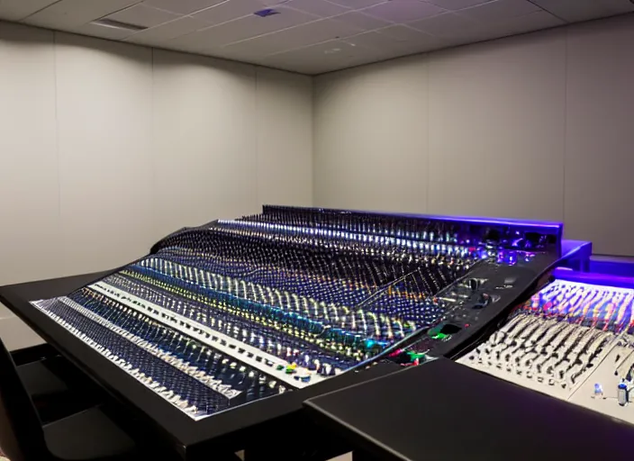 Image similar to studio photo still of an audio mixing board, 8 k, studio lighting, overhead spotlights