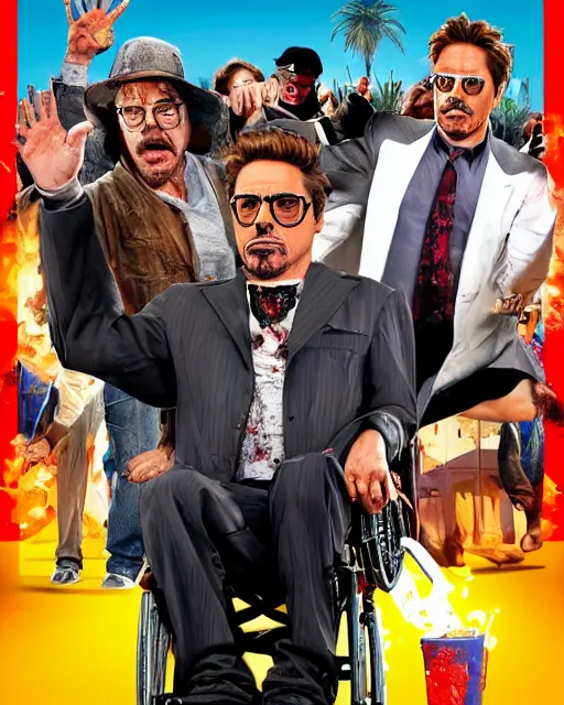 Prompt: movie poster for weekend at bernie's 3, robert downey jr in a wheelchair with dark sunglasses, grey facial flesh, cinematic lighting, zombie rigor mortis inanimate corpse in a wheelchair, robert downey starring in weekend at bernie's, bernie goes to vegas