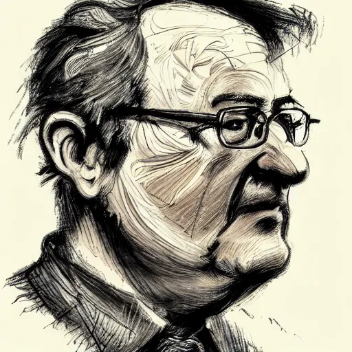 Prompt: a realistic yet scraggly portrait sketch of the side profile of a stern and sophisticated gaben newell, trending on artstation, intricate details, in the style of frank auerbach, in the style of sergio aragones, in the style of martin ansin, in the style of david aja, in the style of mattias adolfsson