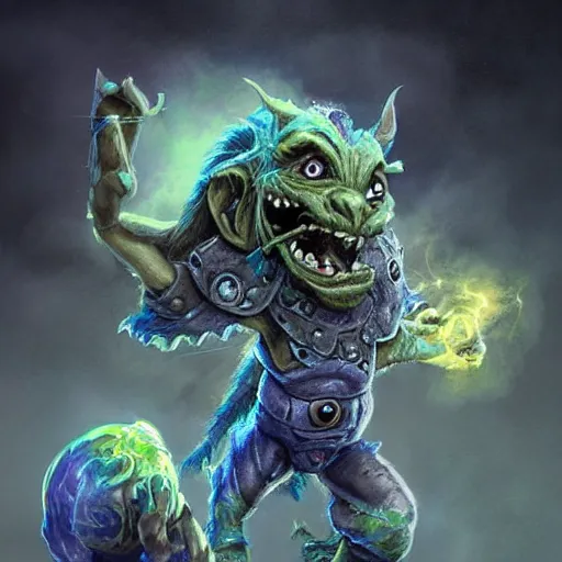 Image similar to a highly detailed goblin with grey skin and blue eyes that glow, with a tornado in his hand, like magic the gathering, goblin chainwalker, digital art, by christopher rush