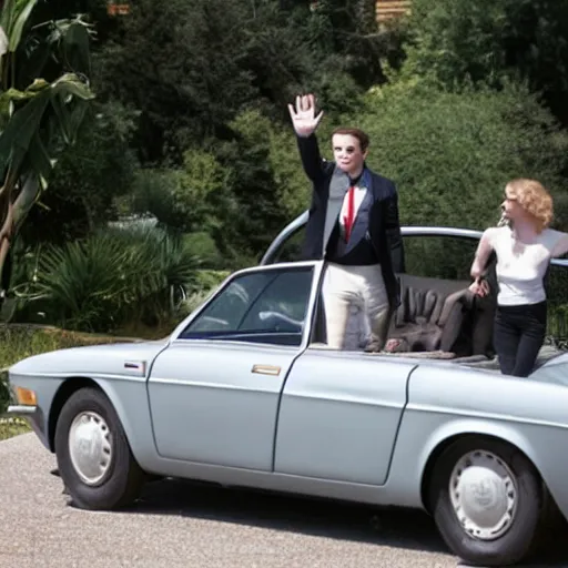 Image similar to close photo of elon musk waving from his lancia fulvia, award winning photograph