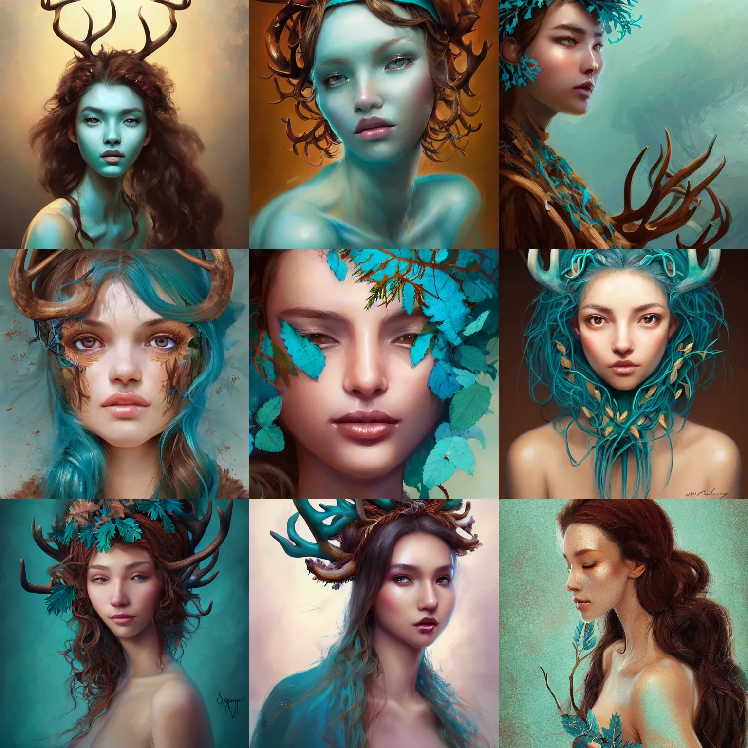 Prompt: A beautiful digital painting of a beautiful woman with teal skin and antlers made of wood on her head, brown curly hair with autmn leaves weaved into it, by Stanley Artgerm Lau, WLOP, Rossdraws, James Jean, Andrei Riabovitchev, Marc Simonetti, and Sakimichan, trending on artstation, SFW version