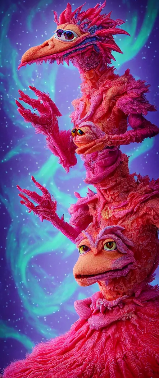 Image similar to hyper detailed 3d render like a Oil painting - kawaii portrait of two Aurora (a beautiful skeksis muppet fae princess protective playful from dark crystal that looks like Anya Taylor-Joy) seen red carpet photoshoot in UVIVF posing in scaly dress to Eat of the Strangling network of yellowcake aerochrome and milky Fruit and His delicate Hands hold of gossamer polyp blossoms bring iridescent fungal flowers whose spores black the foolish stars by Jacek Yerka, Ilya Kuvshinov, Mariusz Lewandowski, Houdini algorithmic generative render, Abstract brush strokes, Masterpiece, Edward Hopper and James Gilleard, Zdzislaw Beksinski, Mark Ryden, Wolfgang Lettl, hints of Yayoi Kasuma and Dr. Seuss, octane render, 8k