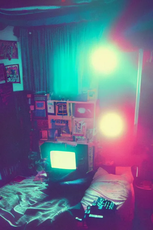 Image similar to agfa vista 4 0 0 photograph of a cluttered 9 0 s teenagers goth punk rock bedroom, synth vibe, vaporwave colors, lens flare, moody lighting, moody vibe, telephoto, 9 0 s vibe, blurry background, grain, tranquil, calm, faded!,