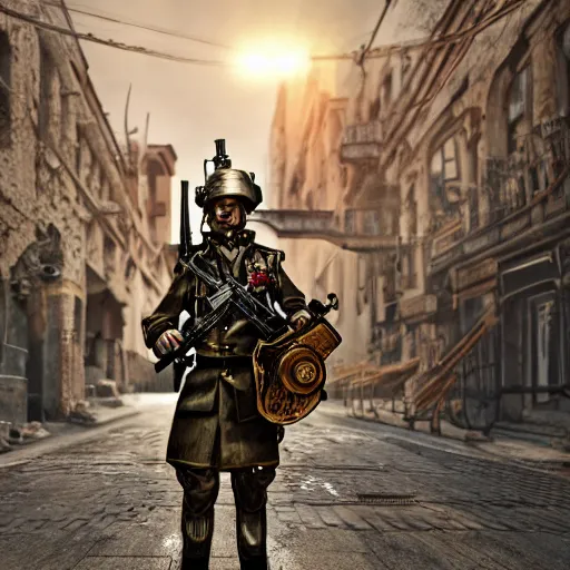 Prompt: photo of a detailed steampunk soldier with helmet carrying a steampunk rifle in his arms, standing in front of a dilapidated advanced city with citizens walking, 4k, Unreal Engine, octane render