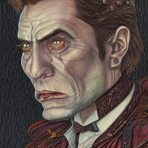 Image similar to impossibly detailed & intricate illustration portrait of the vampire king, colored, by josh kirby, super refined, 8 k, detailed line work