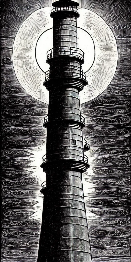 Image similar to an epic lighthouse radiates a unique canto'as above so below'while being ignited by the spirit of haeckel and robert fludd, breakthrough is iminent, glory be to the magic within, in honor of saturn, painted by ronny khalil