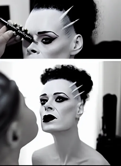 Image similar to video still from instagram, the bride of frankenstein doing a make up tutorial