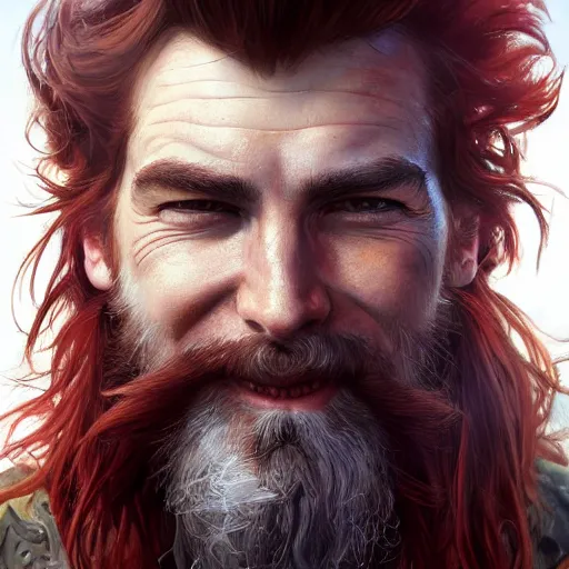 Image similar to portrait of a young ruggedly handsome but joyful pirate, male, masculine, upper body, red hair, long hair, d & d, fantasy, joyful expression, intricate, elegant, highly detailed, digital painting, artstation, concept art, matte, sharp focus, illustration, art by artgerm and greg rutkowski and alphonse mucha