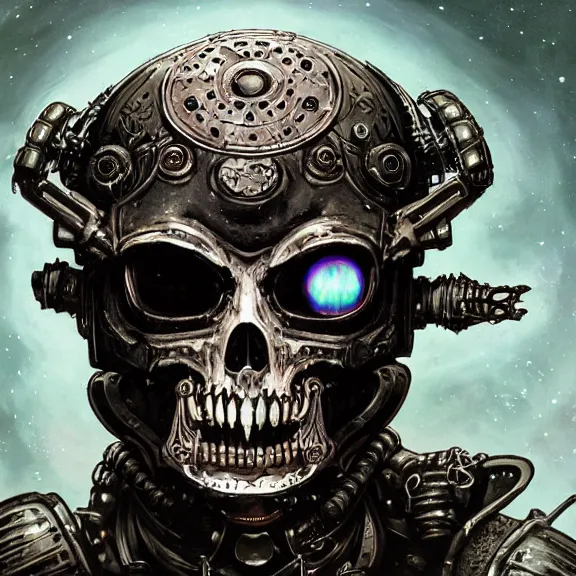 Prompt: a highly detailed undead space pirate portrait of an interstellar criminal radiating a dark unholy aura, an evil cosmic punisher, ornate black futuristic gothic armor, intricate broken space helmet, VR iridium visor, 8k, by Tristan eaton, Stanley Artgermm, Tom Bagshaw, Greg Rutkowski, Carne Griffiths, Ayami Kojima, Beksinski, Giger, trending on DeviantArt, face enhance, hyper detailed, minimalist, cybernetic, android, blade runner, full of colour,