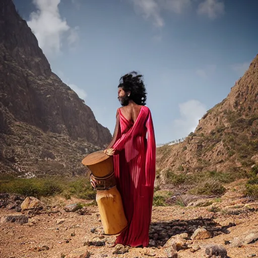 Image similar to man plays darbuka, beautiful bellidancer girl walks around Socotra among endemic plants, flowers and snags in a long transparent flowing dress and meets mystical animals, mystical insects, mystical birds, lizards, snakes, gorgeous, Atmosphere, hypnotic dimensions, mythology, Rococo, photorealism, ruan jia, steve mccurry, Zdzislaw Beksinski style, hyperrealistic, sharp focus, intricate concept art, digital painting, ambient lighting, 4k, hdt, artstation trending on Gsociety, trending on ArtstationHQ, trending on deviantart, professionally post-processed, wide-angle action dynamic portraithyperdetailed, hyper quality, 16K