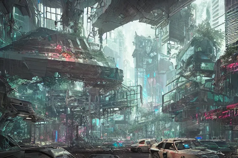 Image similar to a triangular portal structure made from crystals in the centre of an abandoned overgrown cyberpunk city, epic mysterious surrealism, digital matte painting in the style of liam wong