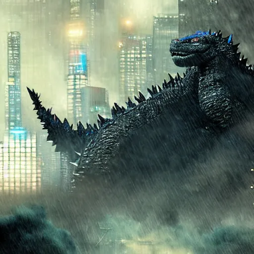 Prompt: Godzilla ravages through cyberpunk Tokyo while it rains heavily,digital art