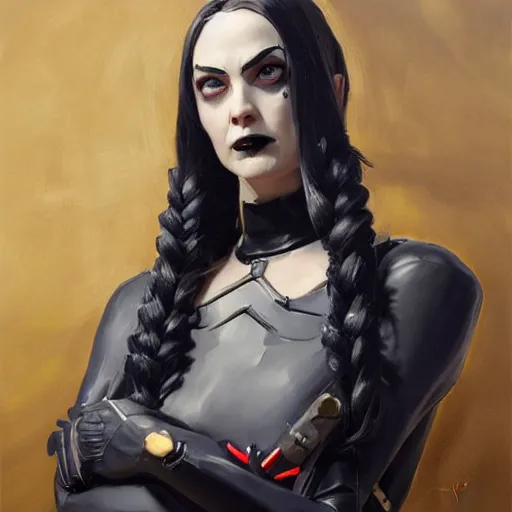 Image similar to greg manchess portrait painting of partially armored wednesday from addams family as overwatch character, medium shot, asymmetrical, profile picture, organic painting, sunny day, matte painting, bold shapes, hard edges, street art, trending on artstation, by huang guangjian and gil elvgren and greg rutkowski