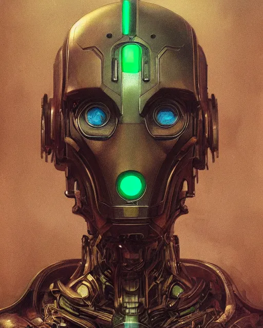 Prompt: portrait of a green ultron from age of ultron, clockwork steampunk, dieselpunk, head and chest only, by beksinski, 4 k, deviantart, 3 d unreal engine, trending on artstation