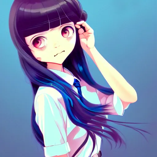 Image similar to urban school girl in shirt fanart, dark blue long hair, muted colors, matte print, pastel colors, ornate, digital art, cute smile, digital painting, fan art, elegant, pixiv, by Ilya Kuvshinov, by Studio Ghibli