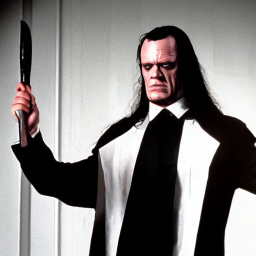 Prompt: The Undertaker as The American Psycho, cinematic still, sweating hard