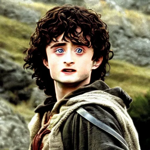 Image similar to Film still of a young Daniel Radcliffe as Frodo in Lord of the Rings: The Return of the King, wide shot, small eyes