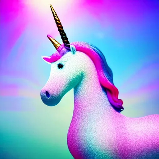 Image similar to an ultra high definition pastel coloured wildlife photograph of a magic unicorn with a glittery magic horn eating an ice cream in a magical field. refraction, volumetric lighting iridescence.