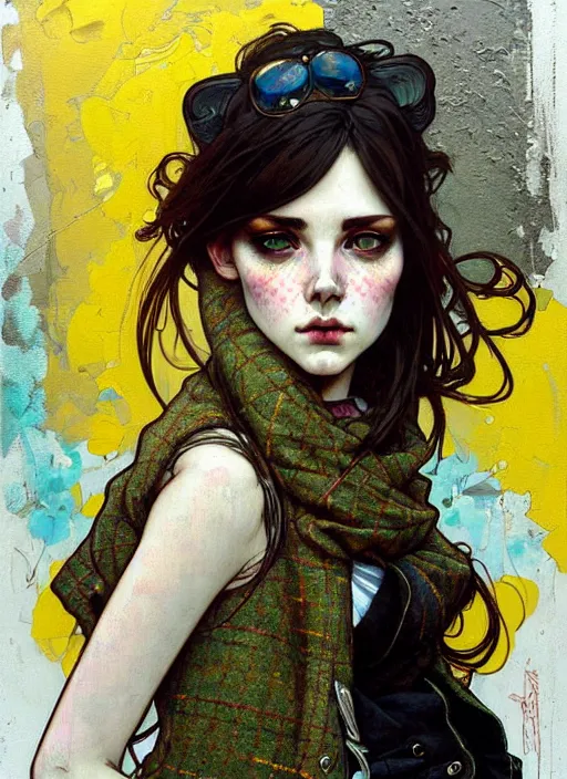 Image similar to highly detailed portrait of a moody sewerpunk young adult lady with a harris tweed holdy by krenz cushart, by artem demura, by alphonse mucha, by kaethe butcher, gradient yellow, black, brown and cyan color scheme, grunge aesthetic!!! ( ( graffiti tag city background ) )