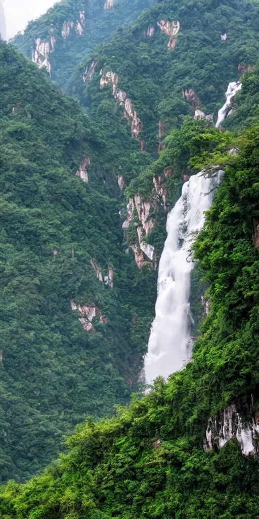 Image similar to a Cloudy peak in southern China with one waterfall, the style of National Geographic magazine