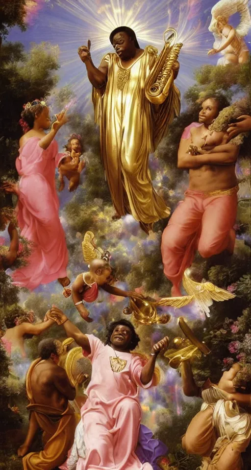 Prompt: Louis Armstrong as Gabriel blowing his horn at the Pearly Gates of Heaven, pink tinged heavenly clouds, beautiful multiracial baby angels flying around his head blowing iridescent soap bubbles, Halle Berry as an angel with a harp wearing golden white robes, ornate tall golden gates adorned with iridescent mother of pearl inlay, Behind the gates is a beautiful waterfall and rainbow, by Raphael and Thomas Kinkdade, trending on artstation, matte painting