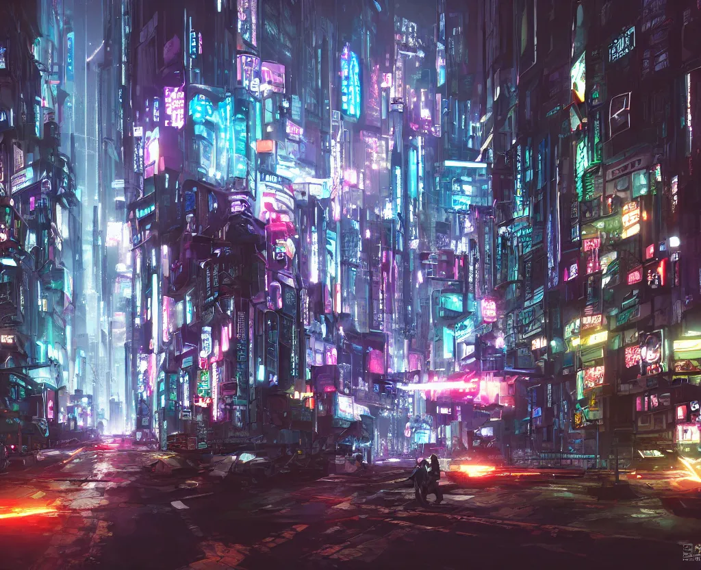 Image similar to cyberpunk city street wide angle view, tokyo, volumetric lighting, fight happening, trending artstation, concept painting,