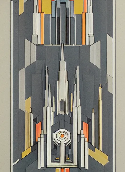 Image similar to isometric artdeco cathedral by frank lloyd wright, isometric, painted by piet mondrian