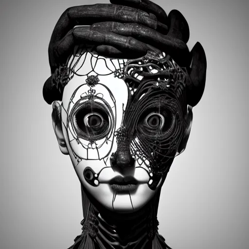 Image similar to black and white photographic foggy portrait, biomechanical beautiful young female priestess - robot bust, body ribs meshes,, volumetric light, rim light, by dora maar and cecile beaton, big gothic fashion pearl embroidered collar, 8 k