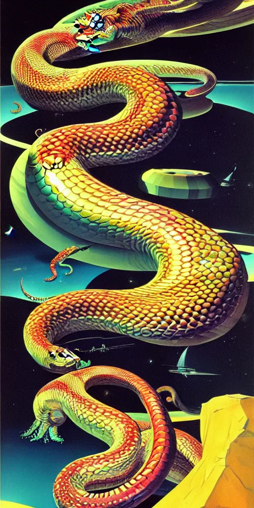 Prompt: the great pearlescent multicolored serpent leviathan hyperrrealistic curling around the planet syd mead dali dramatic lighting