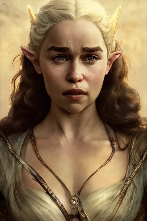 Image similar to portrait of emilia clarke as an elven archer, dark, piercing eyes, gentle expression, elegant clothing, photorealistic, highly detailed, artstation, smooth, sharp focus, art by michael whelan, artgerm, greg rutkowski and alphonse mucha