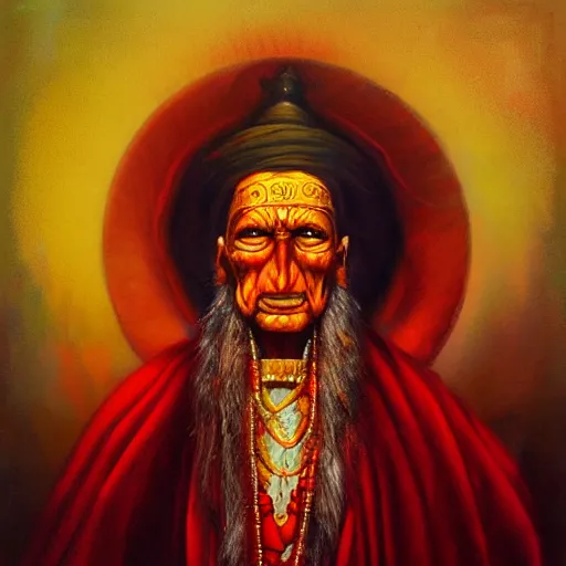 Prompt: wise old Indian guru, red and gold, by Anato Finnstark, Tom Bagshaw, Brom