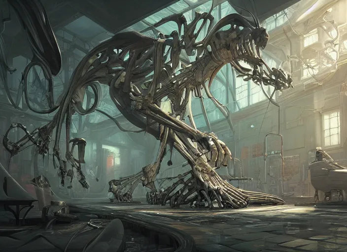 Prompt: science fiction laboratory with a muscular alien specimen with long boney limbs breaking out of its chamber in the style of mohrbacher and glenn fabry, futuristic, layers of bones, transparent carapace, 3 d environment art, unreal engine, god rays, flooded station, artstation, cinematic lighting, klaxon, foggy