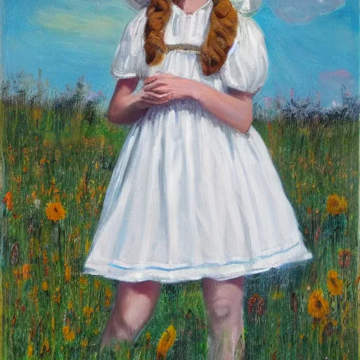 Image similar to teenage blonde pioneer girl in a meadow, white prairie dress and bonnet, oil, portrait