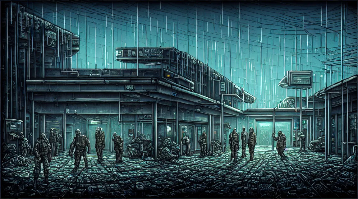 Image similar to post - apocalyptic police station, concrete building, paved roads, by dan mumford, by h. r giger, highly detailed photography, trending on artstation, hyperrealistic, human silhouettes, cyberpunk, environment artist, dystopian, science fiction, synthwave neon retro