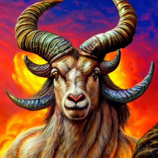 Image similar to horned ram goddess by josephine wall, checking her cell phone, erupting volcano and sunset in distance, flowers in foreground, trending on artstation, by senior concept artist, fantasy, zodiac, 8 k