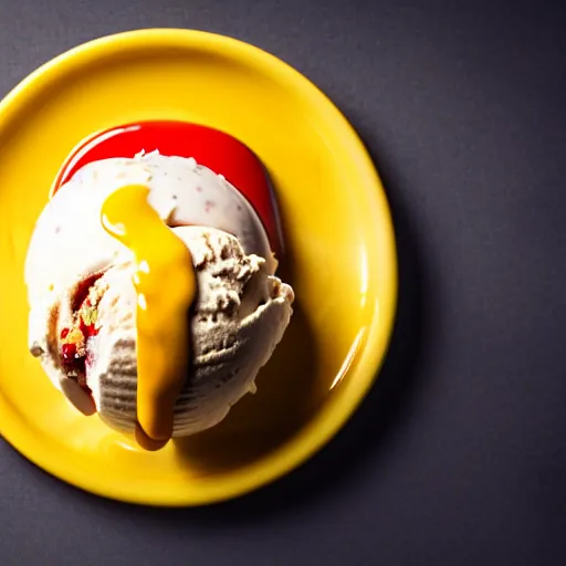 Image similar to commercial photo of a sausage ice cream, mustard, ketchup, relish